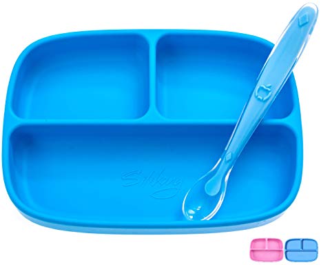 Silicone Suction Plate   Spoon for Toddlers, BPA Free, Dishwasher, Microwave & Oven Safe, Non Slip, One-Piece Divided Baby Placemat, Non Skid Stay Put Bowls & Feeding Dishes for Kids/Infant (Blue)