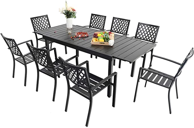 Sophia & William Black Patio Dining Set, 9 Piece Metal Outdoor Expandable Dining Table Set Bistro Furniture Set - 1 Rectangle Expanding Dining Table and 8 Backyard Garden Outdoor Chairs