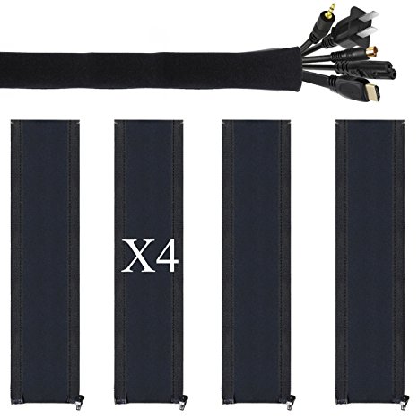 Cable Management Sleeve,[4 Packs],by Ailun,Premium Quality Neoprene,20 Inch Flexible Cable Sleeve Wrap Cover Organizer with Zipper for For PC, TV, Office and Home [Black]