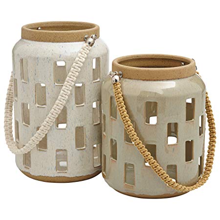 Rivet Modern Cylindrical Stoneware Candle Holder Lantern Home Decor Set - Set of 2, Gray and Cream