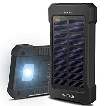 MeliTech Portable Solar Charger Waterproof Mobile Power Bank 20000mAh External Backup Battery Dual USB 5V 1A/2A Output With LED Flashlight and Compass For Phones Tablet Camera iPhone Samsung (Black)