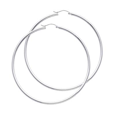 14k REAL White Gold 2mm Thickness Hinged Hoop Earrings - 10 Different Size Available