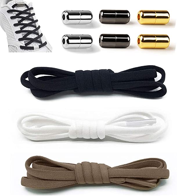 Elastic Stretchy No Tie Easy Shoelaces for Kids, Men and Women, Half Round 39.5" One Size Fits All, Set of 3 Pairs