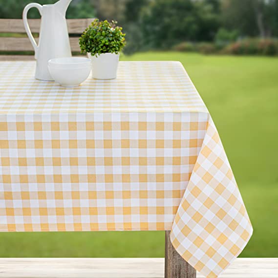 Benson Mills Indoor Outdoor Spillproof Fabric Gingham Checkered Tablecloth for Spring / Summer Pinics and Parties (Yellow Buffalo Check, 52" X 70" Rectangular)