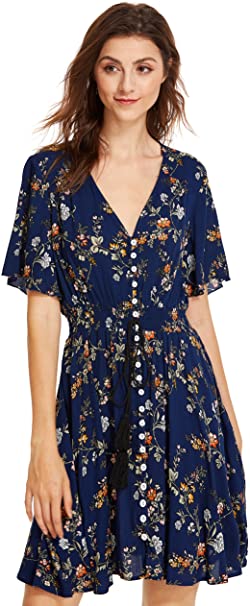 Milumia Women's Boho Button Up Split Floral Print Flowy Party Dress