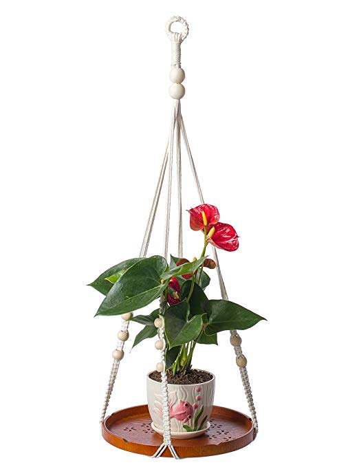 YXMYH Macrame Shelf Planter Hanger for Indoor Plants with Wooden Shelf, Bohemian Hanging Plant Stand and Decor for Modern Homes with 2 Hooks, 30 inches