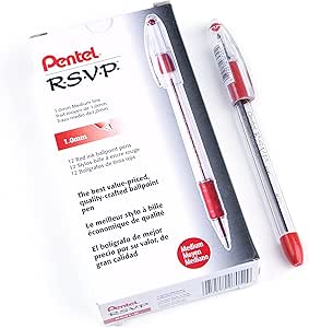 Pentel® R.S.V.P.® Ballpoint Pens, Medium Point, 1.0 mm, Clear Barrel, Red Ink, Pack Of 12