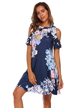 Sheshow Boho Women's O Neck Short Sleeve Pleated Cold Shoulder Floral Printed Party Mini Dress