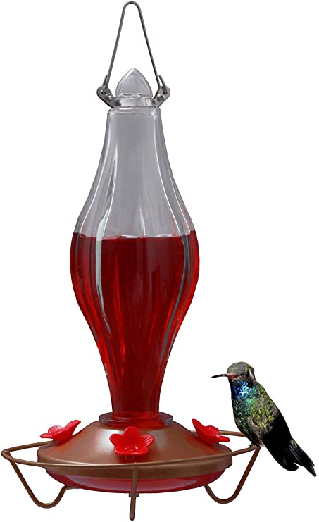 CHILIPET Hummingbird Feeder Durable Metal & Bottle Antique Glass Attract More Hummers to Your House & Outdoor Garden Features 4 Red Flower Feeding Ports It Has 13 Ounces Capacity