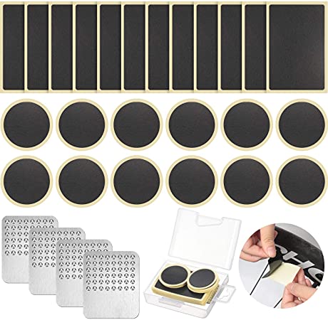 Pre-glued Patch Puncture Repair Kit Bike Tire Patch Repair Kit, Bicycle Tube Puncture Rubber Patches Glueless Patches with Metal Rasp and Portable Case for Bike Inner Tube