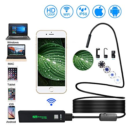 Wireless Endoscope IP68 Waterproof Inspection wifi micro-Camera 2.0 Megapixels HD1200P Snake Camera with 8leds for Android and IOS Smartphone iPhone Samsung Tablet - 5M / 16.4ft