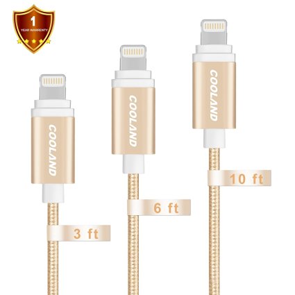 Cooland 3Pack 3ft 6ft 10ft Nylon Braided USB Cable Charger Sync and Charging Cord with Aluminum Heads for iPhone6,6s, 6 plus,6s plus, iPhone 5 5s 5c,iPad Air, iPod Nano 7,iPod 5(Gold)