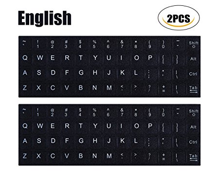 [2PCS PACK]Universal English Keyboard Stickers, Black Background with White Lettering Keyboard Sticker for Computer Laptop Notebook Desktop Keyboards(English)