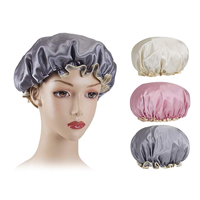 Shintop 3pcs Waterproof Shower Cap Double-Layer Bath Hair Hat for Shower, Spa, Makeup and Cooking (Champagne   Pink   Grey)