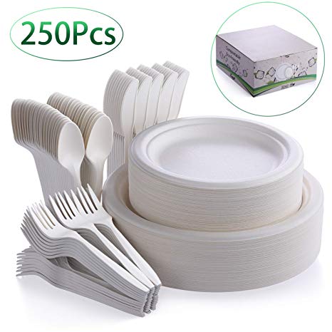 Fuyit 250Pcs Disposable Dinnerware Set, Compostable Sugarcane Cutlery Tableware Includes Biodegradable Paper Plates, Forks, Knives and Spoons Combo for Party, Camping, Picnic (White)