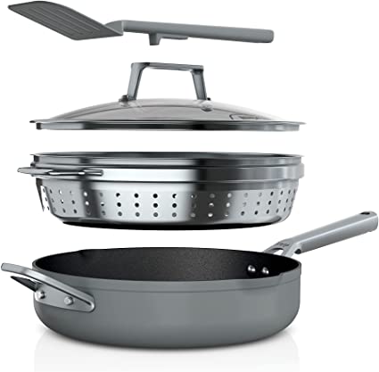 Ninja CW102GY Foodi NeverStick PossiblePan, Premium Set with 4-Quart Capacity Pan, Steamer/Strainer Basket, Glass Lid & Integrated Spatula, Nonstick, Durable & Oven Safe to 500°F, Sea Salt Grey