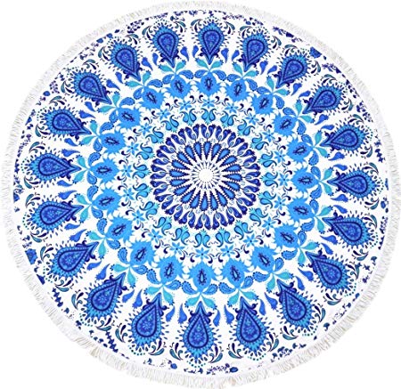 Microfiber Round Beach Towel Blanket-2019 New Oversized Thick High Colour Fastness Super Water Absorbent Beach Towel 62 Inches Gift Gift Idea Blue Mandala