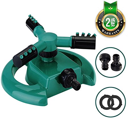 Calish Water Sprinkler 3 Arm Round Lawn Sprinkler, 360° Rotating Garden Sprinkler System with with 2 Connectors and 2 Rubber Washers