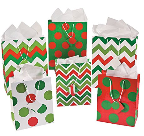 Fun Express Gift Bags - Assorted Chevron and Polka Dot Design Gift Bags - 24 Pieces