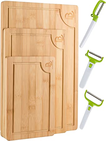 BAMBOO LAND (3 PCS) Cutting Board Set for Kitchen, Chopping Boards with 3 Multifunctional Veggie and Fruit Peelers for Kitchen, set of 3 Charcuterie boards, Meat Cutting Board, Vegetable Cutting Board