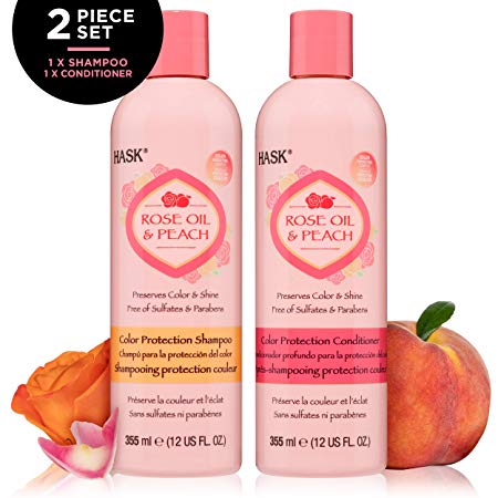 HASK ROSE OIL   PEACH Shampoo and Conditioner Set Color Protecting for all hair types, color safe, gluten free, sulfate free, paraben free - 1 Shampoo and 1 Conditioner