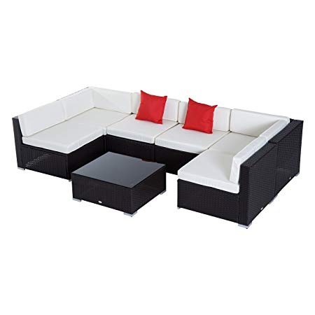 Outsunny 7pc Garden Wicker Sectional Set Patio Rattan Lounge Sofa with Cushion Outdoor Furniture All Weather Dark Coffee