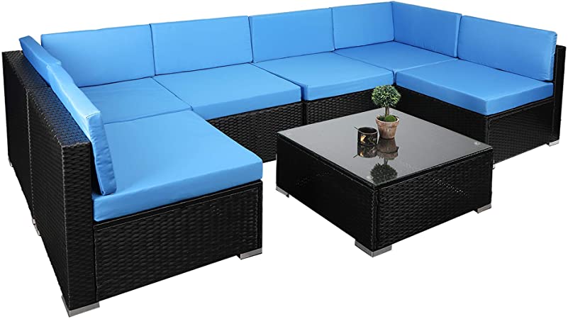 MU 7 Pieces Patio Furniture Sets Outdoor, Black Wicker PE Rattan Patio Conversation Sets with Blue Cushions and Tempered Glass Tea Table