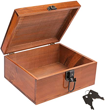Wooden Keepsake Box, Dedoot Decorative Wooden Box Vintage Handmade Wood Craft Box with Lock and Key for Jewelry Gift Storage Box and Home Decor, Brown, 9.3x7.6x4.5 Inch