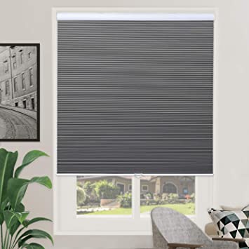 Window Blackout Blinds Room Darkening Shade Cellular Shades for Bedroom, Black Out 99% Light & UV, Thermal, Cordless and Easy to Pull Down & Up, 29 inch x 64 inch Drop, Gray White