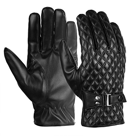 Vbiger Men Winter Warm Gloves PU Leather Touch Screen Gloves Driving Cycling Gloves