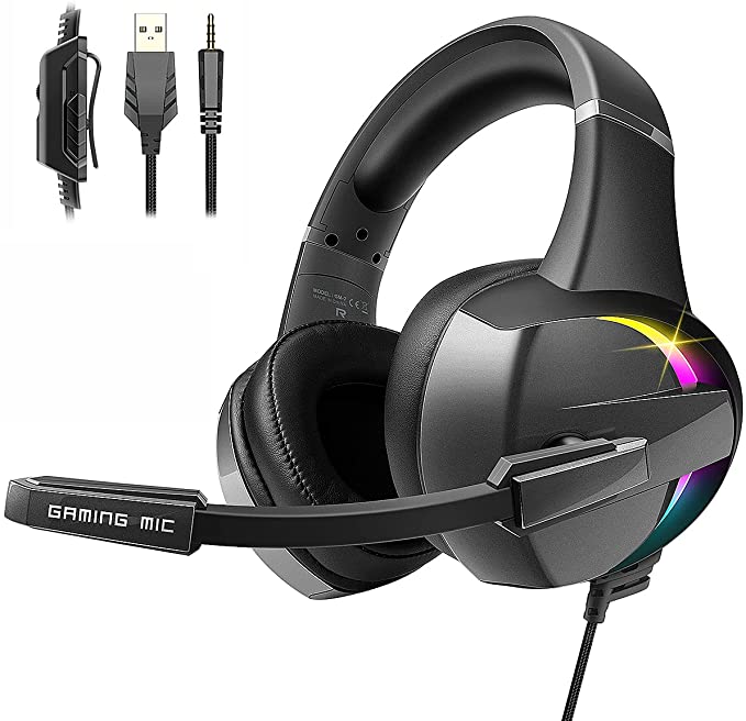 Gaming Headset for PS4 PC Xbox one, 3D Stereo Surround Sound Gaming Headphones Noise Cancelling Microphone, RGB LED Lights & Soft Memory Earmuffs Headset for PS5 Laptops Mac