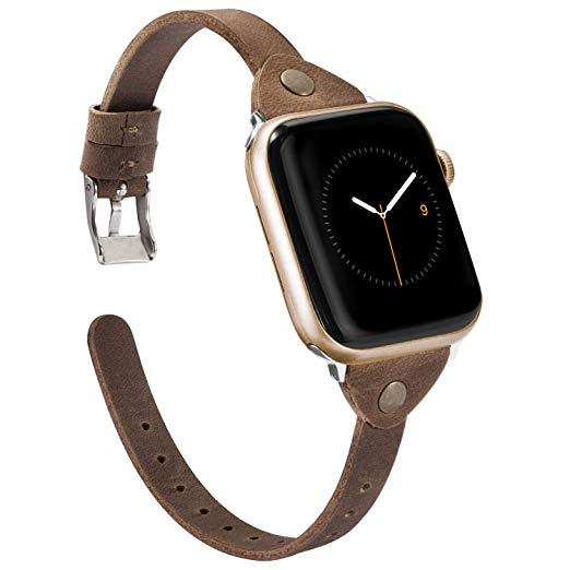 Wearlizer Scrub Deep Brown Leather Compatible with Apple Watch Slim Leather Band 38mm 40mm iWatch Womens Mens Strap Wristband Leisure Unique Bracelet (Silver Metal Clasp) Series 4 3 2 1 Sport Edition