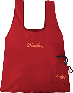 ChicoBag Original Compact Reusable Shopping Tote Grocery Bag, Eco-Friendly, Washable, with Attached Pouch and Carabiner Clip to Take With You on the Go, Red
