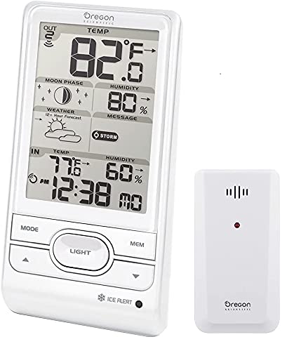 Oregon Scientific BAR208HGX Advanced Wireless Weather Station with Temperature Forecast, Ice Alert, Self-Setting Atomic Clock, Month/Day Calendar, Large LCD, Moon Phase, in White