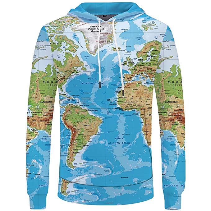 KYKU Unisex 3D Printed Hoodies World Map Plus Sweatshirts Pullover Big Pocket