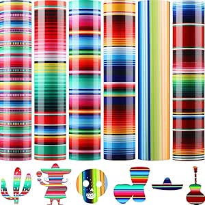 Cinco De Mayo Printed Transfer Vinyls HTV Mexican Design Heat Transfer Vinyls Serape Pattern Vinyls Striped Vinyl Sheets for Mexican Fiesta Theme Party, 9.84 x 11.81 Inch (Vibrant Colors)