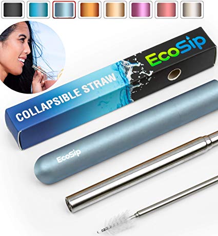 EcoSip Collapsible Telescopic Drinking Straw | Metal Stainless Steel Reusable | Portable Final Eco Folding Straws Home Travel | Cleaning Brush Key Ring Hard Case | Silicone Tip | 8 Colors | (Sky)