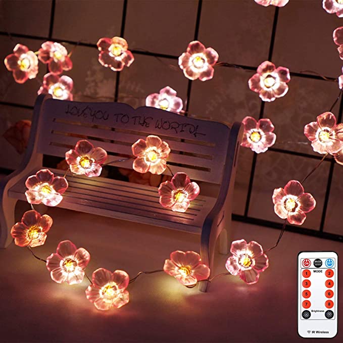 Flower String Lights, Plum Blossom Decorative Lights 10 feet 30 LEDs Battery Powered String Lights with Remote, Novelty Light for Party, Patio, Garden, Home (Warm White)
