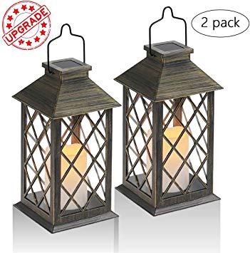Solar Lantern,Outdoor Garden Hanging Lantern,Set of 2,Waterproof LED Flickering Flameless Candle Mission Lights for Table,Outdoor,Party Decorative