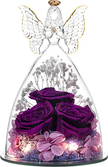 Tiaronics Mothers Day Flower Gifts Glass Angel Figurine with Three Roses Gifts, Preserved Forever Real Rose Gifts for Women, Angel Guardian with Rose for Valentine Day Mothers Day - Purple