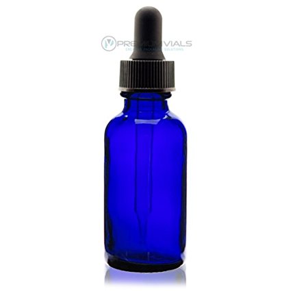 1 Oz (30 ml) BLUE Boston Round Glass Bottle w/ Dropper - Pack of 12