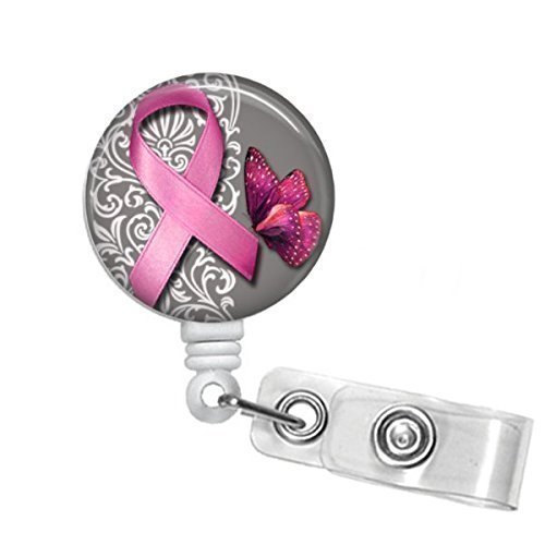 Breast Cancer Awareness Pink Ribbon and Butterfly Glass Cabochon SLIDE Clip on Badge ID Holder with Retractable Reel