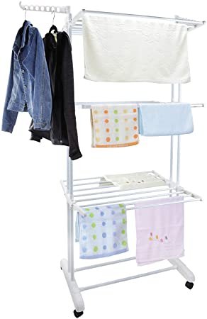 Voilamart Clothes Airer 3 Tier Foldable Laundry Drying Clothes Rack Outdoor Indoor Heavy Duty Clothing Horse Garment Dryer Stand on Wheel, White