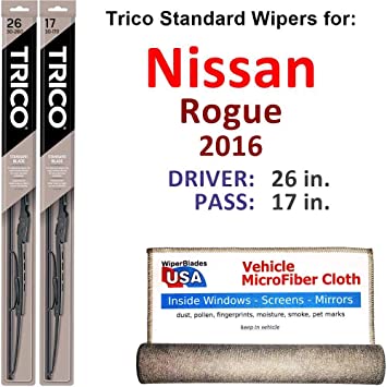 Wiper Blades for 2016 Nissan Rogue Driver & Passenger Trico Steel Wipers Set of 2 Bundled with Bonus MicroFiber Interior Car Cloth