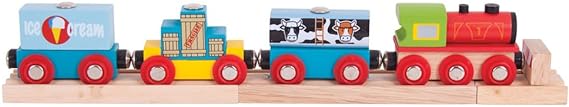 Bigjigs Rail Wooden Goods Train Toy - Train with 3 Carriages & Removable Freight, Comes with 2 Wooden Train Track Pieces & a Buffer, Compatible with Most Wooden Train Sets