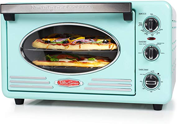 Nostalgia RTOV2AQ Large-Capacity 0.7-Cu. Ft. Capacity Multi-Functioning Retro Convection Toaster Oven, Fits 12 Slices of Bread and Two 12-Inch Pizzas, Built In Timer, Includes Baking Pan