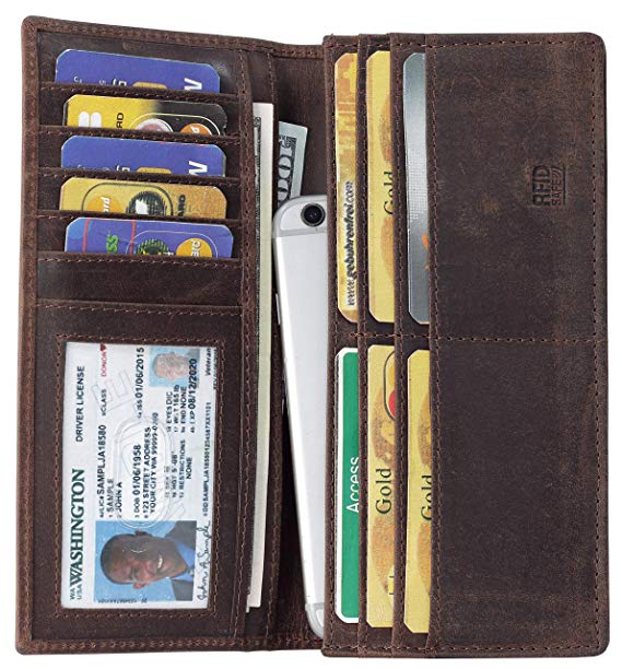 Mou Meraki Men's Vintage Genuine Leather RFID Blocking Long Wallets Bifold Wallet For Men