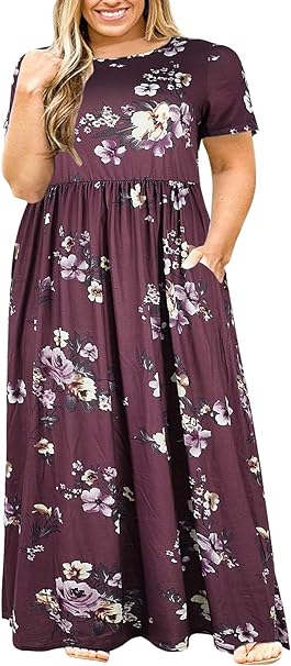 Nemidor Women Short Sleeve Loose Plain Casual Plus Size Long Maxi Dress with Pockets