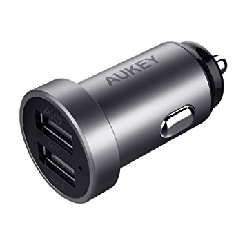 AUKEY Car Charger 24W / 4.8A ultra compact aluminum car adapter for iPhone, iPad, Samsung, HTC, Nexus, LG, Tablets and more (Grey)