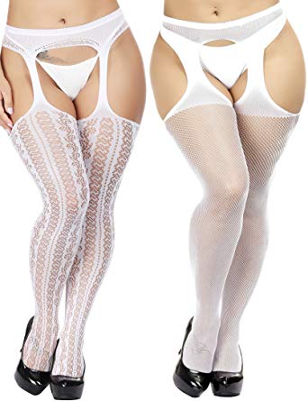 TGD Womens Plus Size Stockings Suspender Pantyhose Fishnet Tights Fashion Thigh High Stocking 2 Pairs